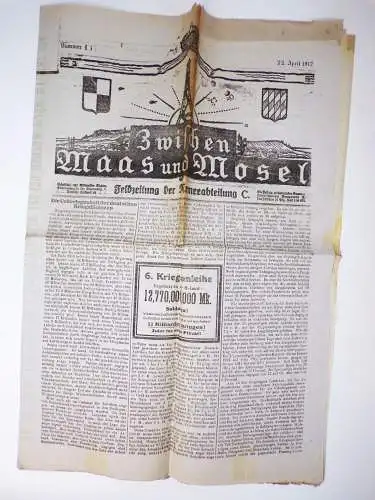 Zeitung 1 Weltkrieg Zwischen Maas und Mosel 1917 WW1 newspaper