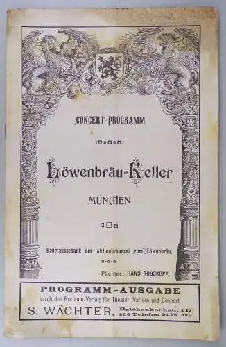 Konzert Programm Löwenbräu Keller München um 1900 Reklame