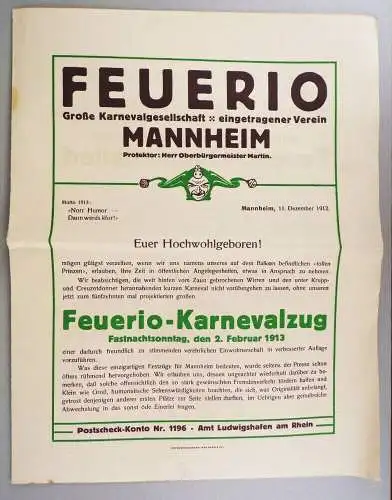 Mannheim Feuerio Karneval Zug 1912 1913 Programm