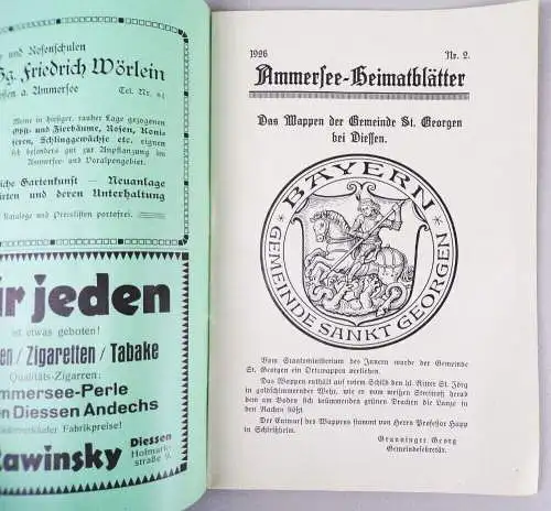 Ammersee Heimatblätter 1926 Nummer 1 und 2 Heimat zwischen Isar und Lech