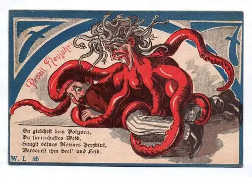 Künstler Ak Frau als Oktopus Kraken blutsaugendes Weib Prosit Neujahr Humor