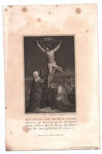 Altes Andachtsbild Jesus am Kreuz Mayer Stahlstich Nürnberg 1861 holy card