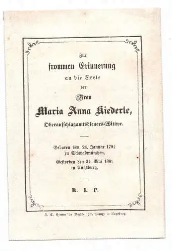 Altes Heiligenbild St Anna Sterbebild Wittwe 1861 Augsburg Andachtsbild