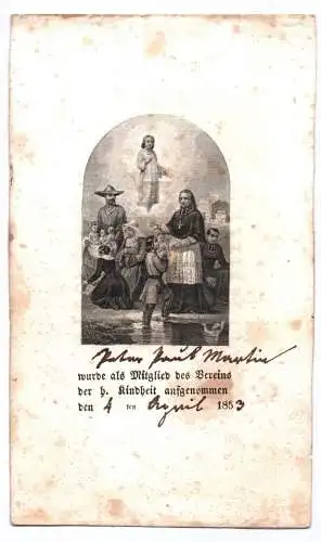 Altes Heiligenbild Verein Aufnahme heilige Kindheit 1853 Jesus Volkstypen Gebet