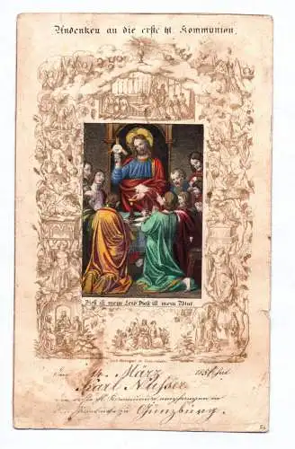 Altes Heiligenbild Kommunion Günzburg 1856 Jesus koloriert Andachtsbild