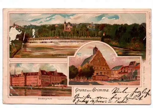 Litho Ak Gruss aus Grimma 1908 Fürstenschule Rathaus