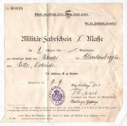 Militär Fahrschein II Klasse Donai bis Blankenberghe über Lille Ostende 1915