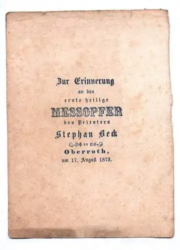 Altes Heiligenbild Jesus mit Tafel Messopfer Priester Oberroth 1873