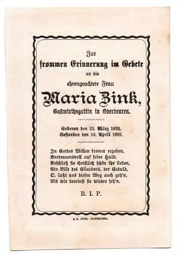 Altes Sterbebild 1882 Gastwirt Gattin Oberbeuren Maria die Blumenkönigin