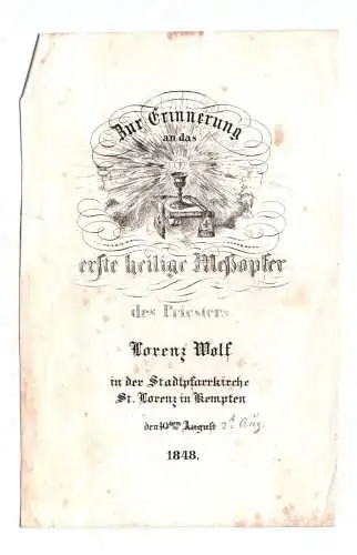 Heiligenbild Erinnerung Messopfer Stadtpfarrkirche St. Lorenz in Kempten 1848