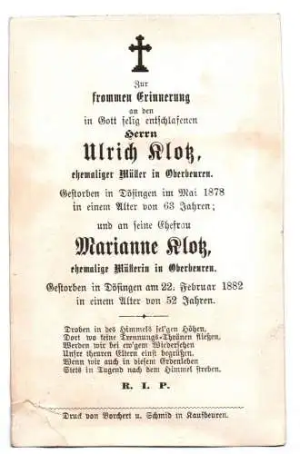 Heiligenbild Schaf ertrinkt Paris  Sterbebild Müllerin Oberbeuren 1882