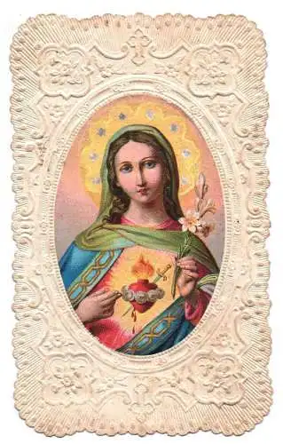 Altes Heiligenbild Maria mit brennenden Herz um 1880 holy card Andachtsbild