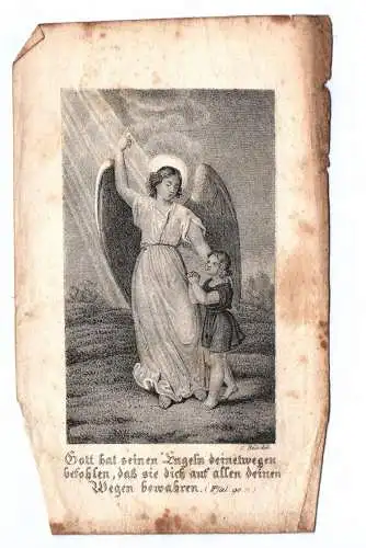 Altes Heiligenbild Engel mit Knaben um 1850 Heindel holy card