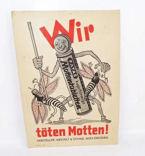 Altes Pappschild Wir töten Motten Weigelt und Söhne Dresden 1958 Werbung Reklame