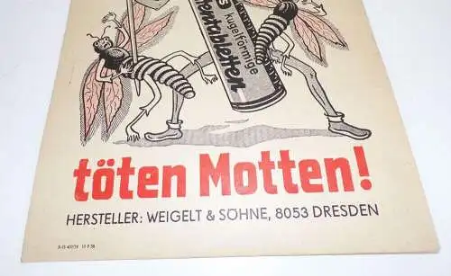 Altes Pappschild Wir töten Motten Weigelt und Söhne Dresden 1958 Werbung Reklame