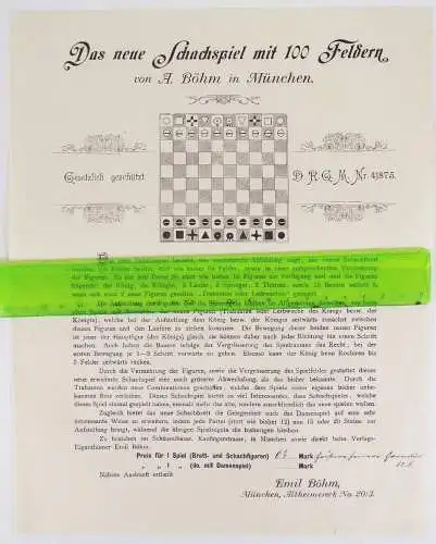 Altes Reklame Blatt Neues Schach Spiel mit 100 Feldern Böhm München um 1900