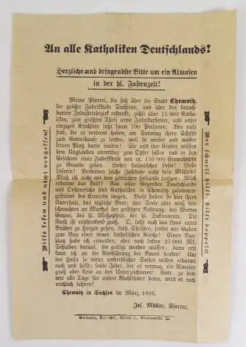 Spendenaufruf Chemnitz Katholische Kirche 1896 Flugblatt Handzettel