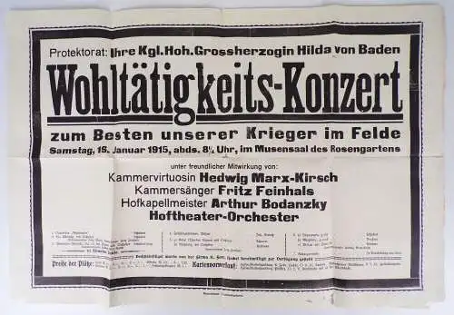 Plakat Wohltätigkeit Konzert Großherzogin Hilda von Baden 1915 WW1