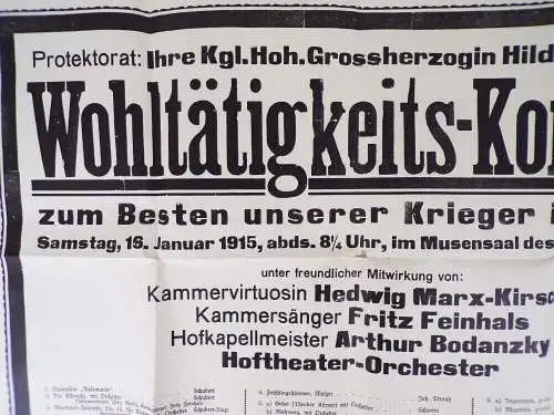 Plakat Wohltätigkeit Konzert Großherzogin Hilda von Baden 1915 WW1