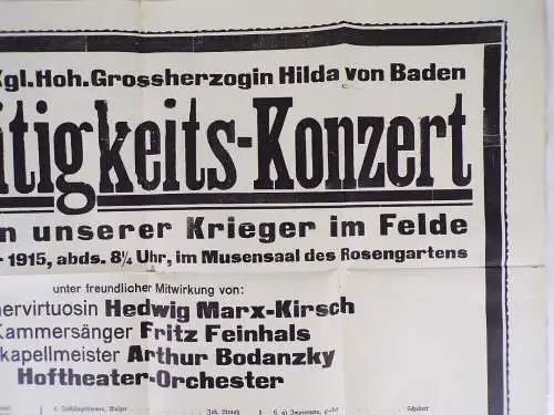 Plakat Wohltätigkeit Konzert Großherzogin Hilda von Baden 1915 WW1