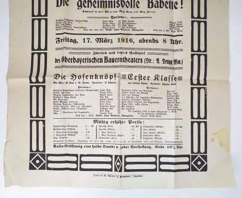 Altes Theater Plakat Ingolstadt Stadttheater Direktion Hans Robert 1916 Aushang