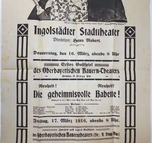 Altes Theater Plakat Ingolstadt Stadttheater Direktion Hans Robert 1916 Aushang