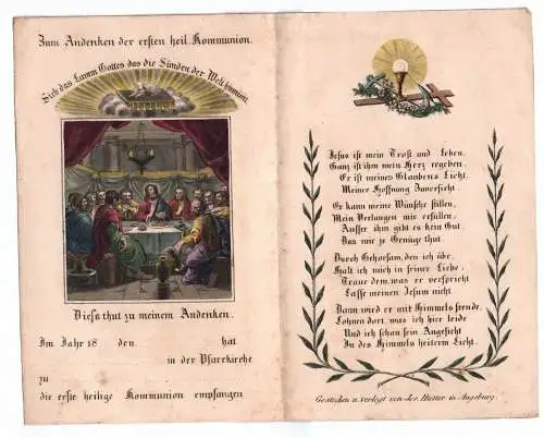 Heiligenbild Andenken Kommunion um 1850 Jesus Andachbild Gebet koloriert