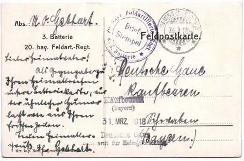 Ak Bayern Feldartillerie Regiment 20 Stempel FAR 3 Batterie Flandern 1918