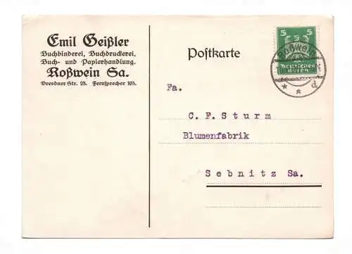 Postkarte Emil Heißler Buchbinderei Roßwein Sachsen 1926