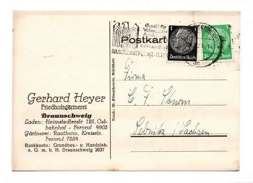 Postkarte Friedhofsgärtnerei Braunschweig 1942