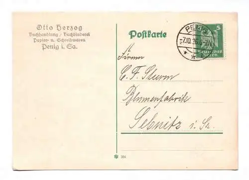 Postkarte Otto Herzog Buchhandlung Buchbinderei Penig in Sachsen 1926