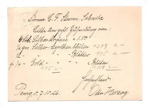 Postkarte Otto Herzog Buchhandlung Buchbinderei Penig in Sachsen 1926
