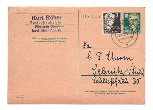 Postkarte Kurt Röber Gartenbaubetrieb Nerchau Sachsen 1952