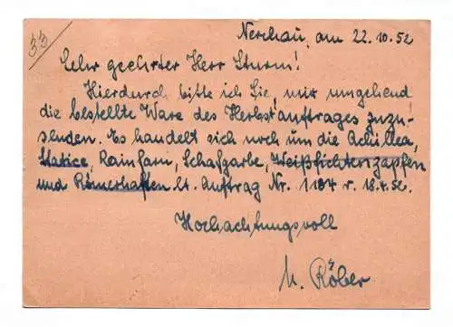 Postkarte Kurt Röber Gartenbaubetrieb Nerchau Sachsen 1952