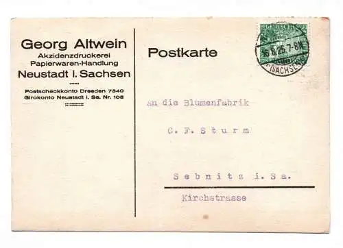 Postkarte Georg Altwein Akzidenzdruckerei Neustadt in Sachsen 1925