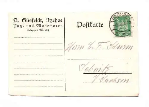 Postkarte A. Güsfeldt Itzehoe Putz und Modewaren 1926