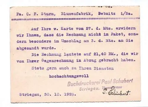 Postkarte Buchdruckerei Paul Schubert Striegau 1928