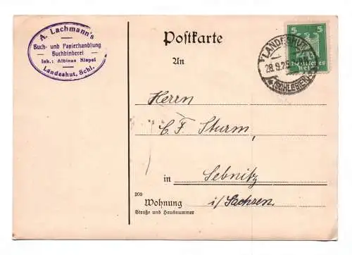 Postkarte A. Lachmanns Buch und Papierhandlung Landeshut Schlesien 1925