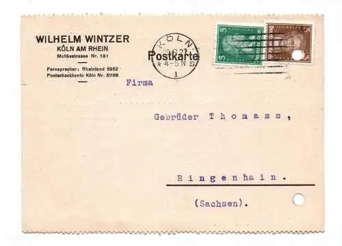 Postkarte 1927 Wilhelm Wintzer Köln am Rhein