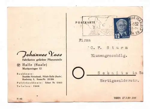 Postkarte Johannes Voss Fabrikation gefärbter Pflanzenteile Halle Saale 1952