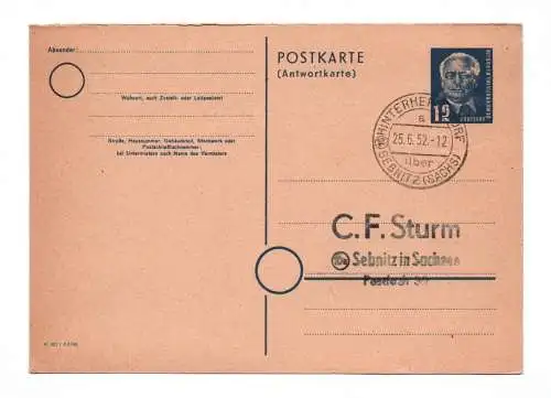 DDR Ganzsache Hinterhermsdorf Stempel 1952