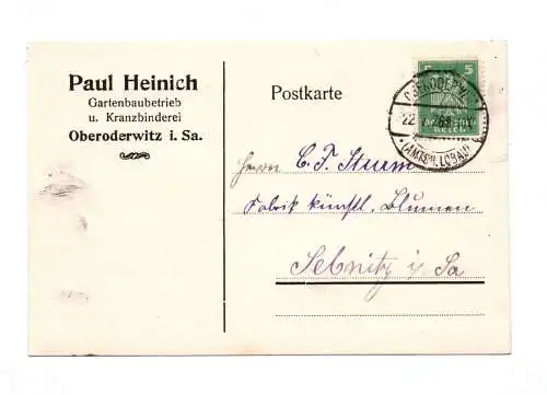 Postkarte Paul Heinich Gartenbaubetrieb Kranzbinderei 1926