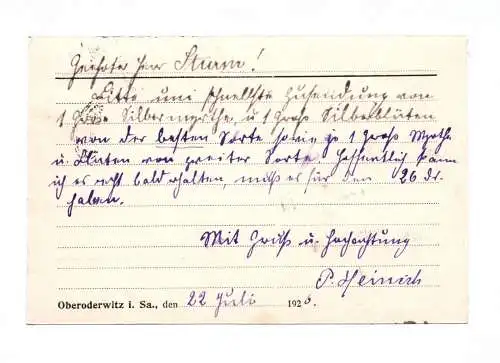 Postkarte Paul Heinich Gartenbaubetrieb Kranzbinderei 1926