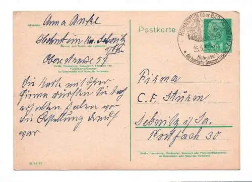 DDR Ganzsache Hohenstein über Bad Schandau Stempel 1957