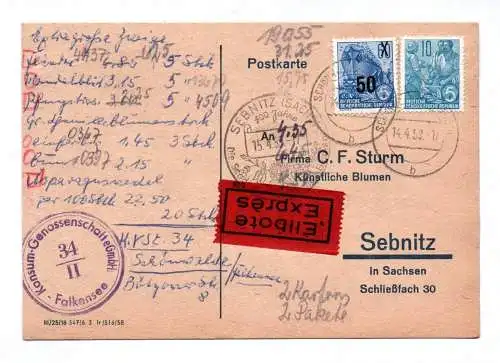 Postkarte Konsum Genossenschaft GmbH Falkensee 1959 Eilbote Express