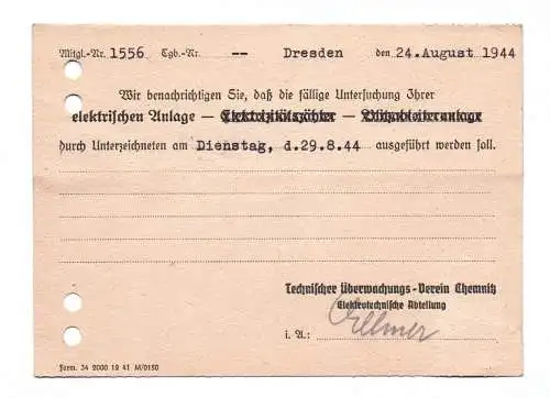 Postkarte Technischer Überwachungsverein Chemnitz 1944