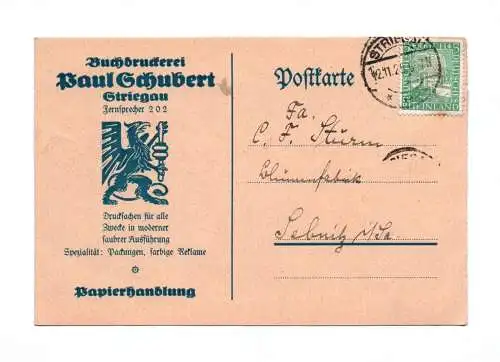 Postkarte Buchdruckerei Paul Schubert Striegau 1925