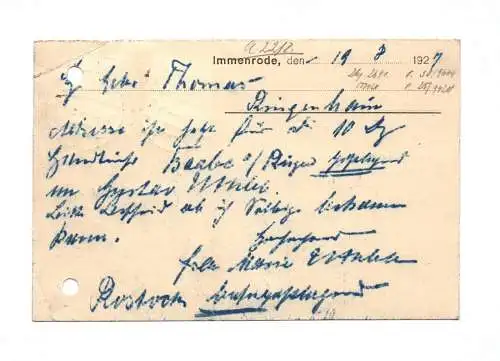 Postkarte Fr. Marie Uthelb Immenrode Hainleite Webwaren en gro 1927