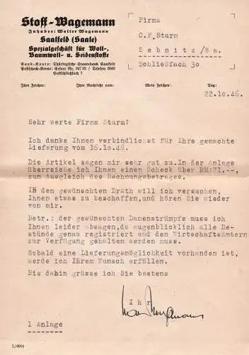 Brief Stoff Wagemann Saalfeld 1946 mit Inhalt
