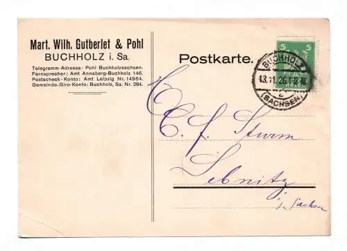 Postkarte Mart. Wilh. Gutberlet & Pohl Buchholz in Sachsen 1926